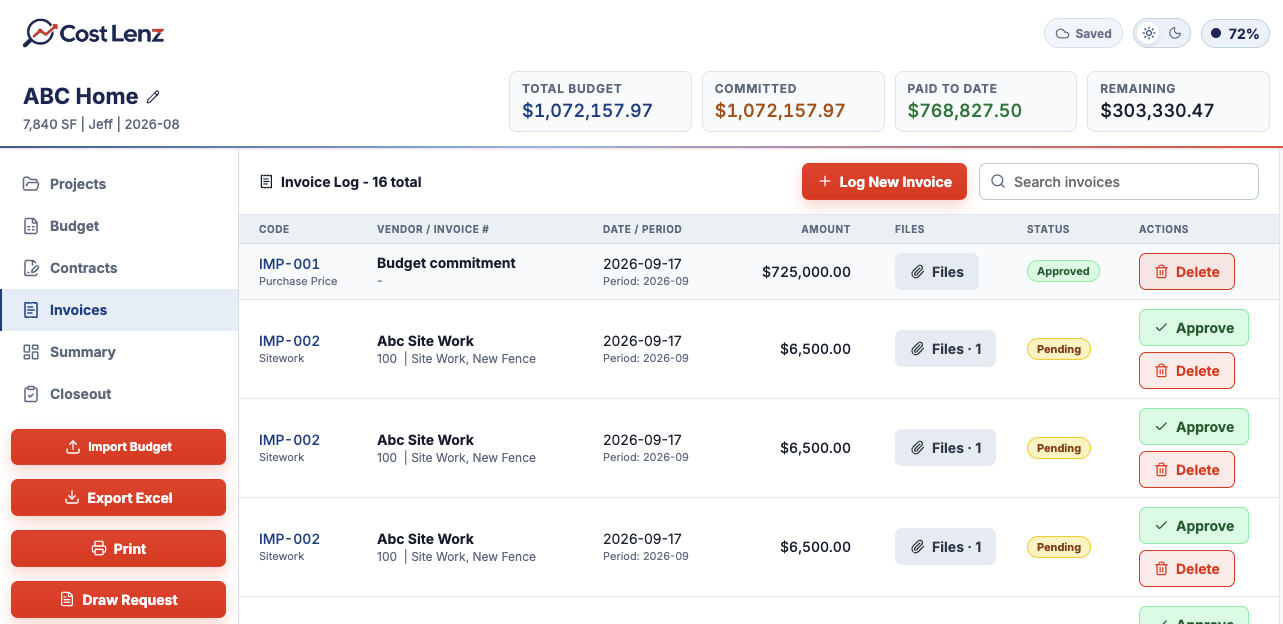 Cost Lenz Invoices view with pending and approved invoice statuses